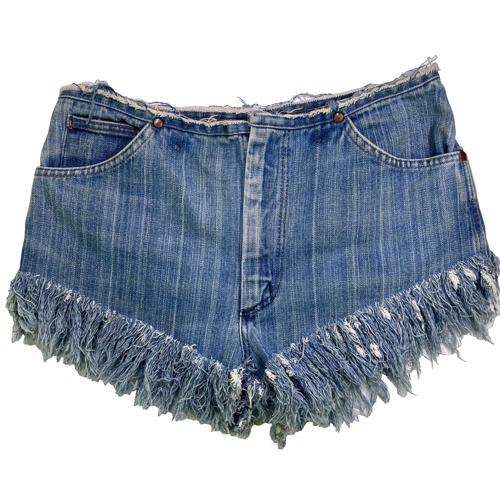 70s Maverick Denim Shorts 28 6 VTG Jean Jorts High Rise Fringe Cowgirl Festival